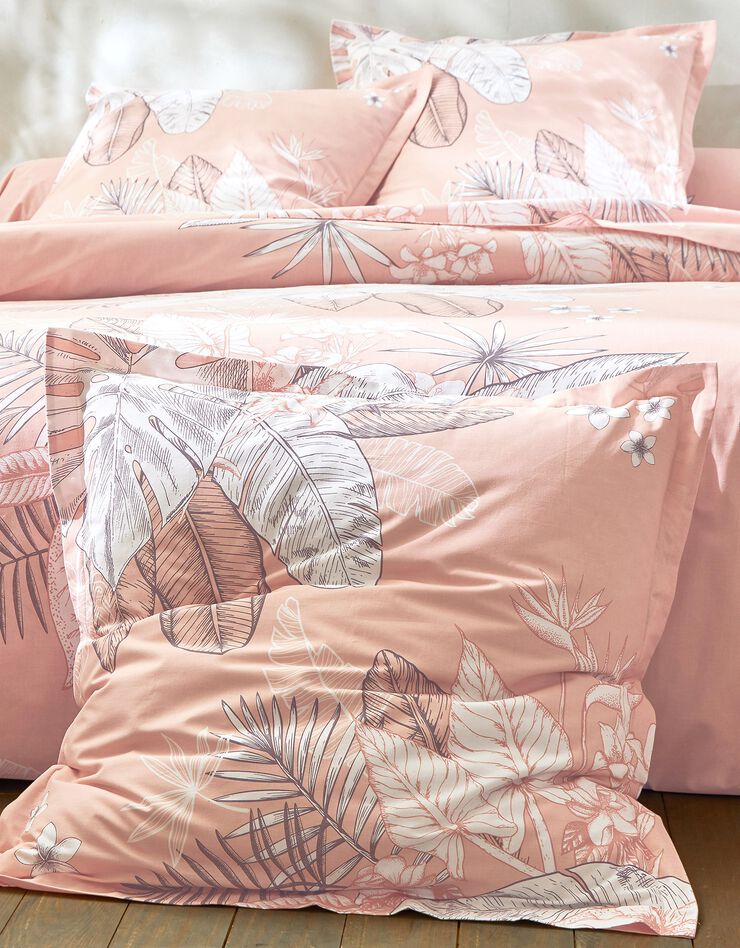 Linge de lit Elyse en coton imprimé fleurs et feuilles de palmes, rose poudré, hi-res image number 1