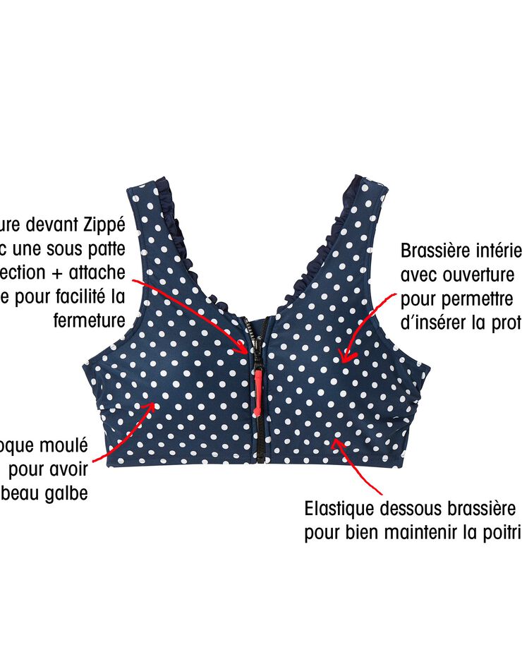 Haut de maillot bain zippé post-opératoire "Pois", marine Haut de maillot bain zippé post-opératoire "Pois", marine, hi-res image number 6