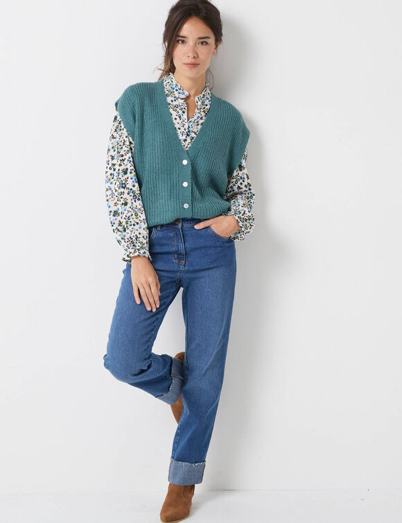 Mouwloos vest met knopen, patenttricot (saliegroen)