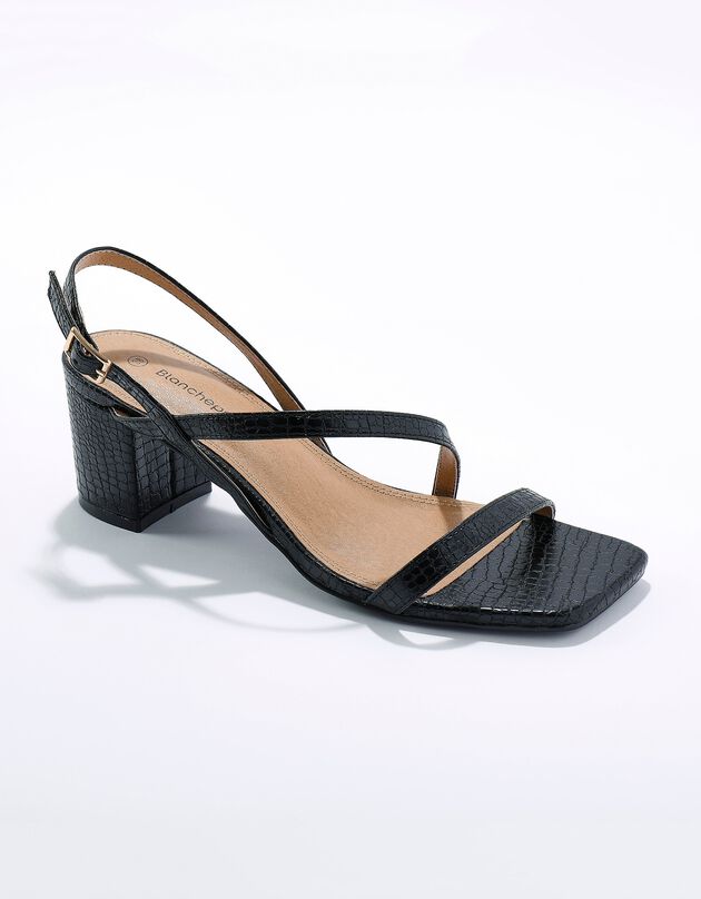 Sandales à fines brides effet croco et talon carré (noir)