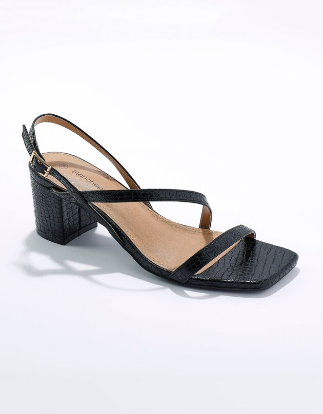 Sandalen met fijne riempjes, kroko-effect en vierkante hak (zwart)