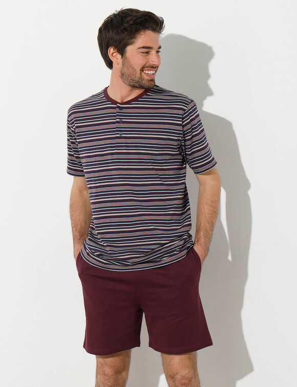 Pyjama-short rayé col tunisien (bordeaux)