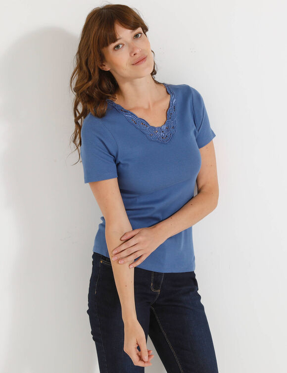 T-shirt met korte mouwen en kant (blauw)