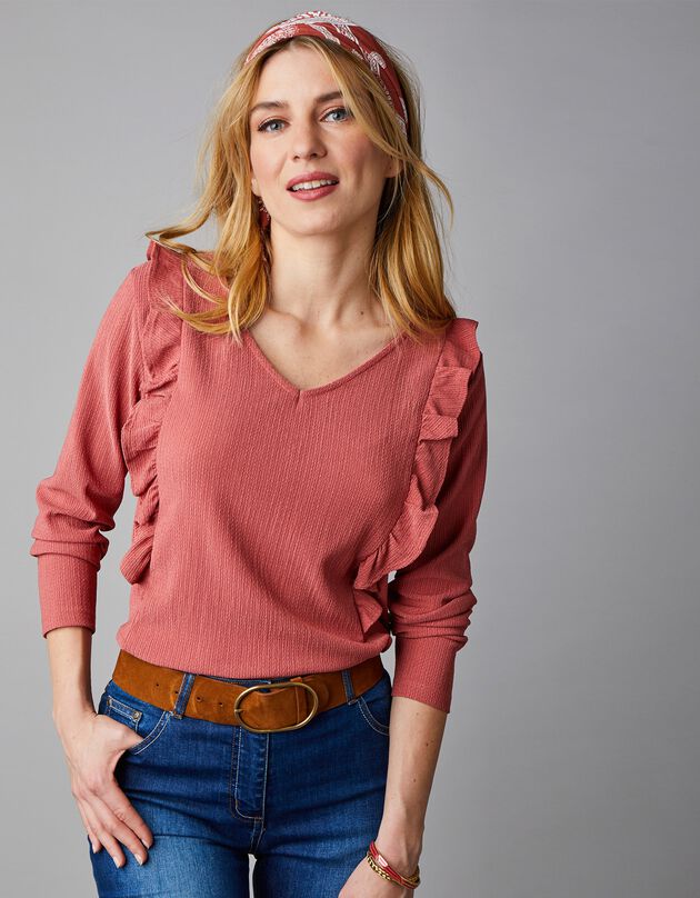 Tee-shirt en maille gaufrée fantaisie volantée, bois de rose Tee-shirt en maille gaufrée fantaisie volantée, bois de rose, hi-res