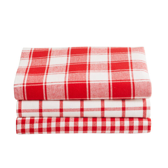 Torchon carreaux coton tiss&eacute; teint - lot de 3 (rouge)
