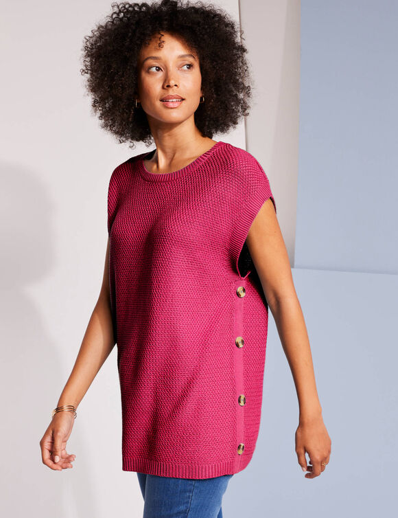Pull-tunique sans manches à boutons effet corne, maille fantaisie (framboise)