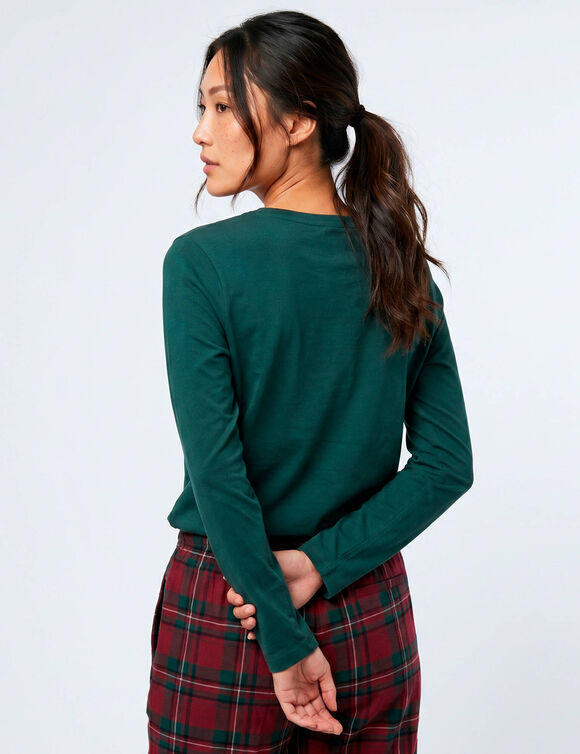 Pyjama pantalon femme, esprit No&euml;l en coton flanelle, avec son pochon (rouge / vert)