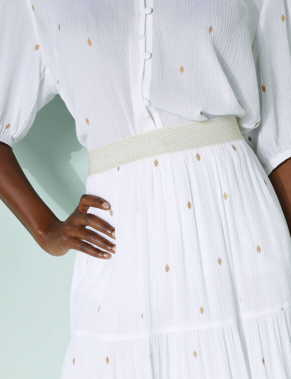 Jupe courte volantée imprimé doré, crépon (blanc / doré)