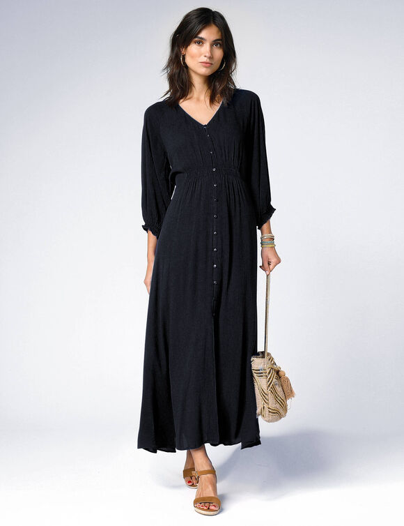 Robe longue boutonnée unie, crépon (noir)