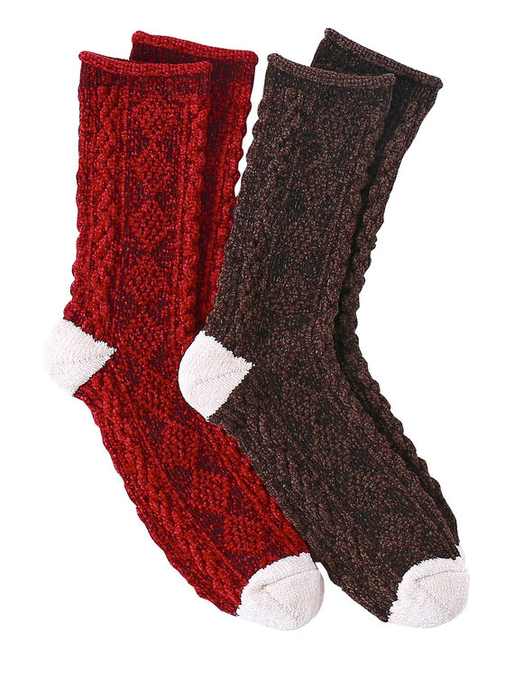 Chaussettes maille chenille torsad&eacute;e finitions contrast&eacute;es - lot de 2 paires (rouge / chocolat)