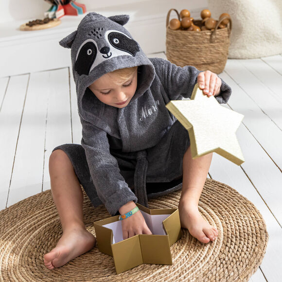 Personaliseerbare badjas voor kinderen, wasbeer  (grijs)