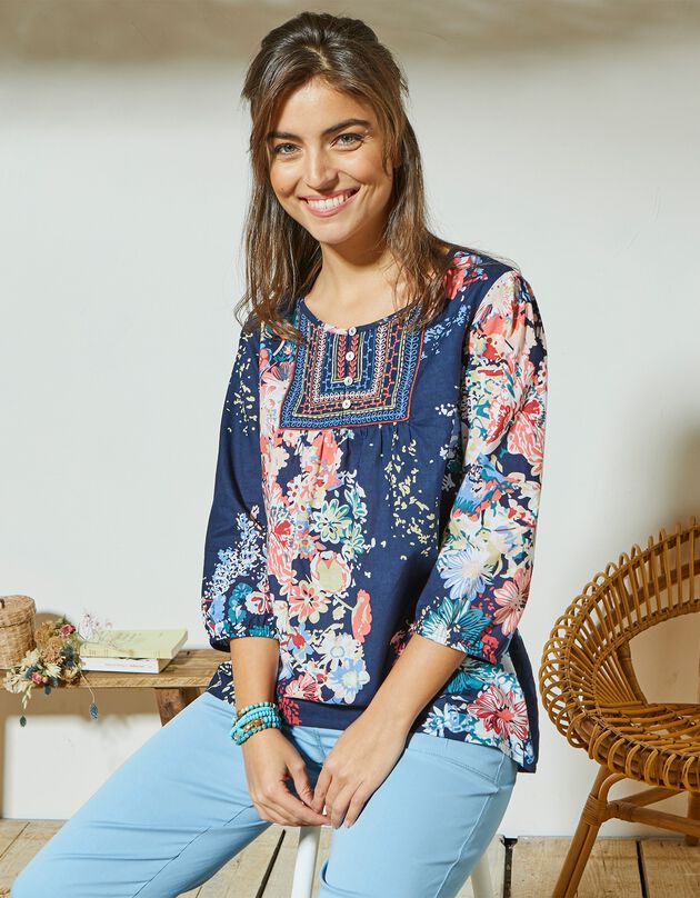 Blouse imprimée fleurs (marine / tomette)