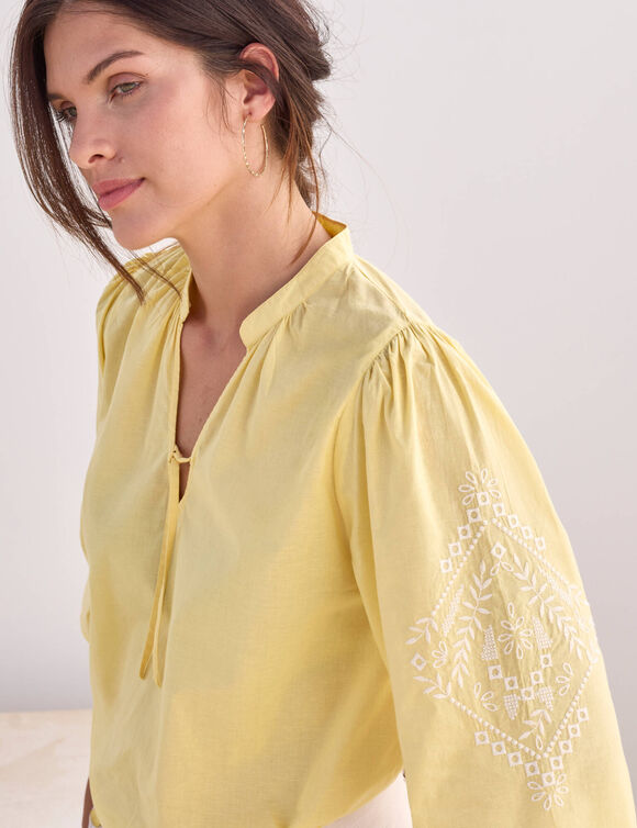 Blouse ample, manches 3/4 brod&eacute;es (jaune)