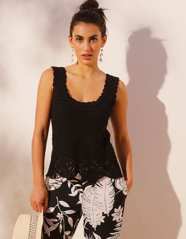 Pull sans manches base ajourée effet crochet (noir)