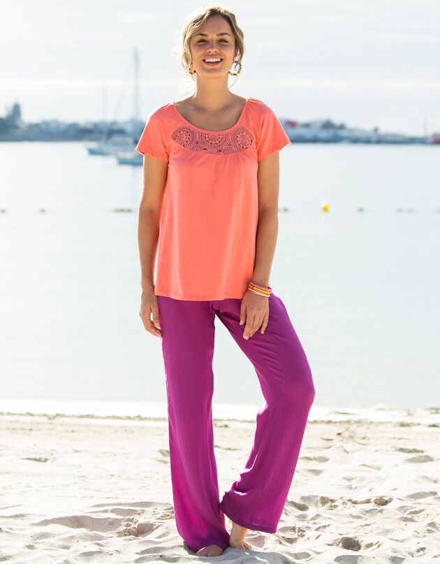 Rechte broek in effen crepon (violine)