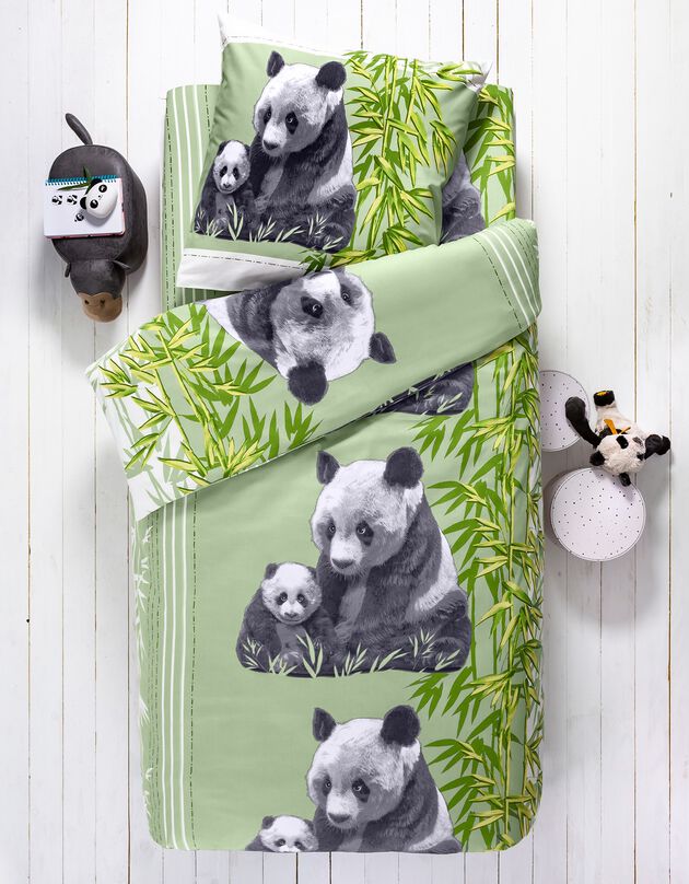 Linge de lit enfant imprimé Pandas - polycoton, vert, hi-res