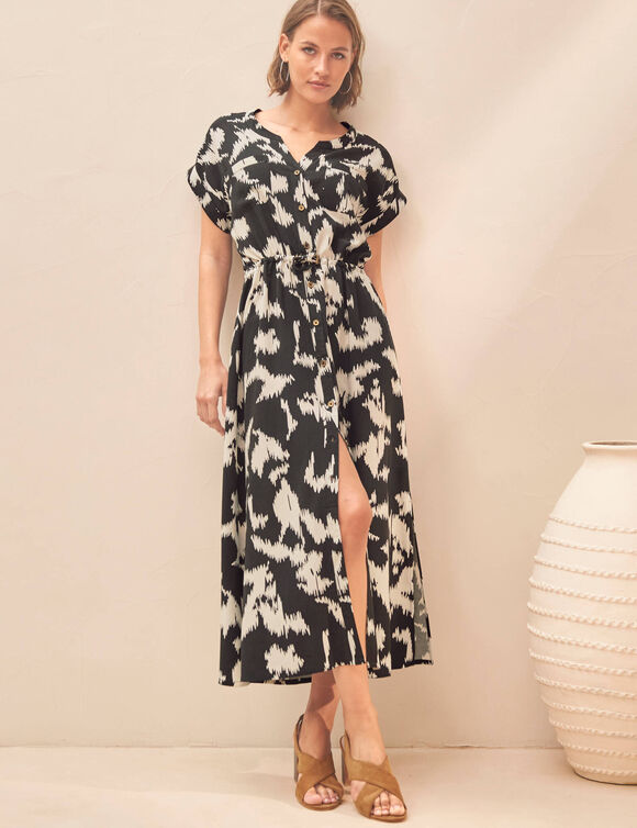 Robe saharienne imprim&eacute;e, manches courtes (noir / &eacute;cru)