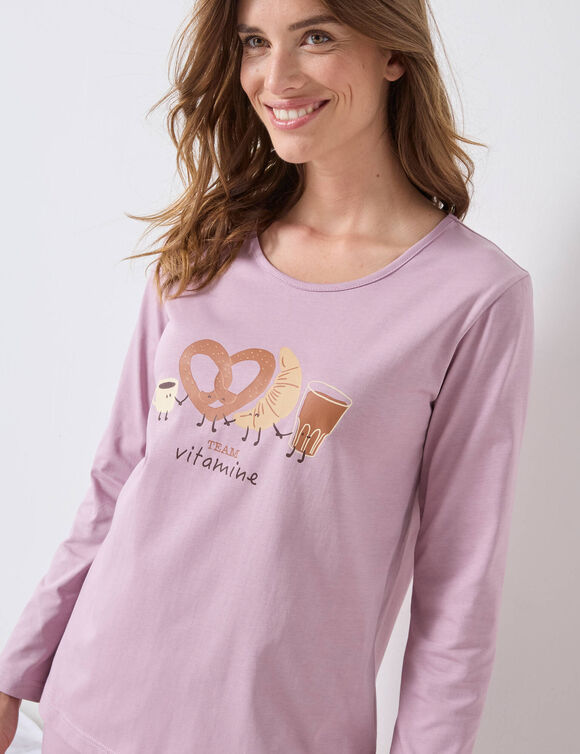 Pyjama manches longues imprimé "pause vitaminée" (parme)