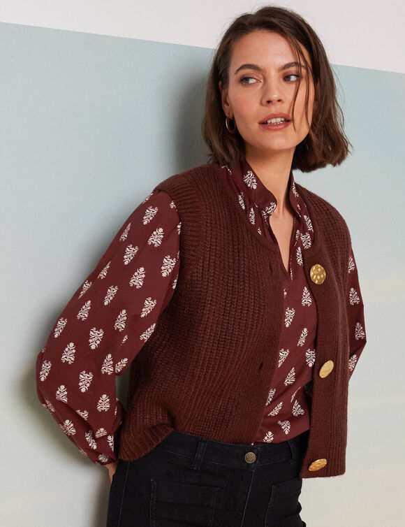Gilet sans manches toucher doux, boutons dorés (chocolat)
