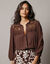 Chemisier col volant&eacute;, cr&eacute;pon et macram&eacute; (chocolat)