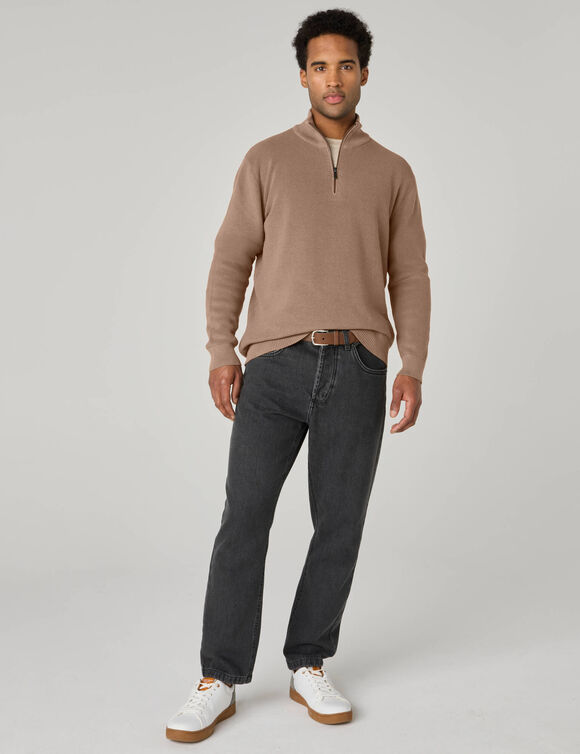 Pull col montant zipp&eacute; en maille perl&eacute;e (taupe)