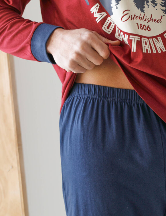 Pyjama pantalon jersey, col V contrast&eacute; (brique / marine)