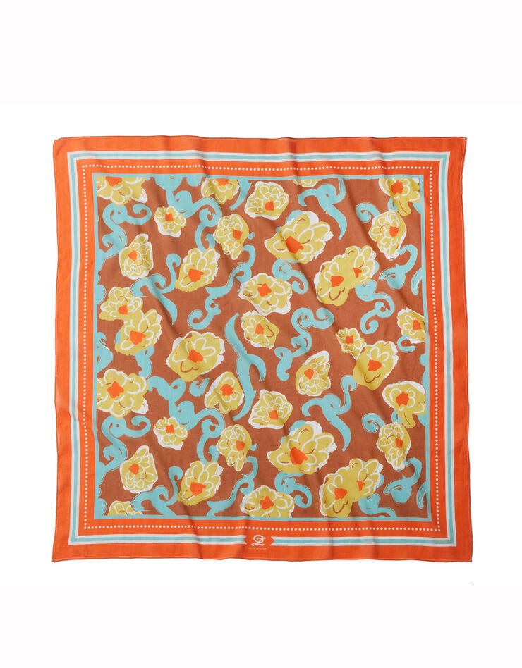 Foulard fabriqué en France imprimé fleurs, 98x98 cm, coton biologique, collection "Odette Lepeltier" (chocolat / safran)