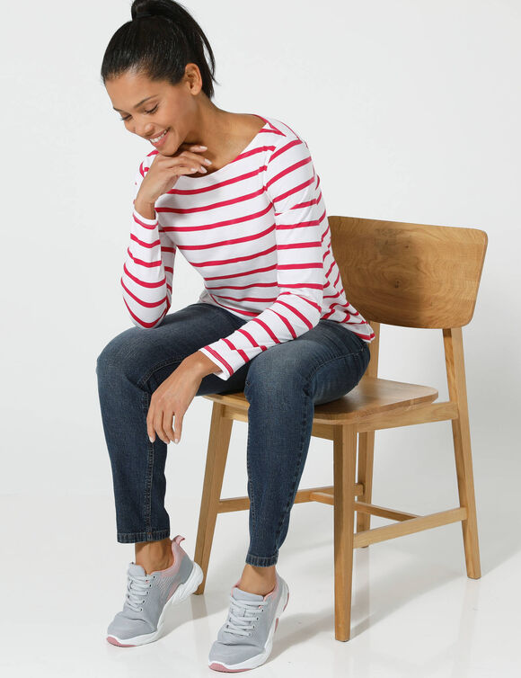 T-shirt marinière manches longues, coton biologique(**) (blanc / framboise)