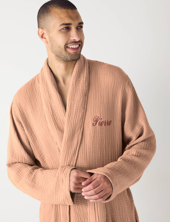 Unisex badjas met sjaalkraag, personaliseerbaar &ndash; drievoudig katoengaas (praline)