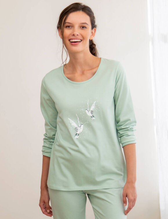 Pyjama en coton imprim&eacute; oiseaux manches longues  (tilleul)