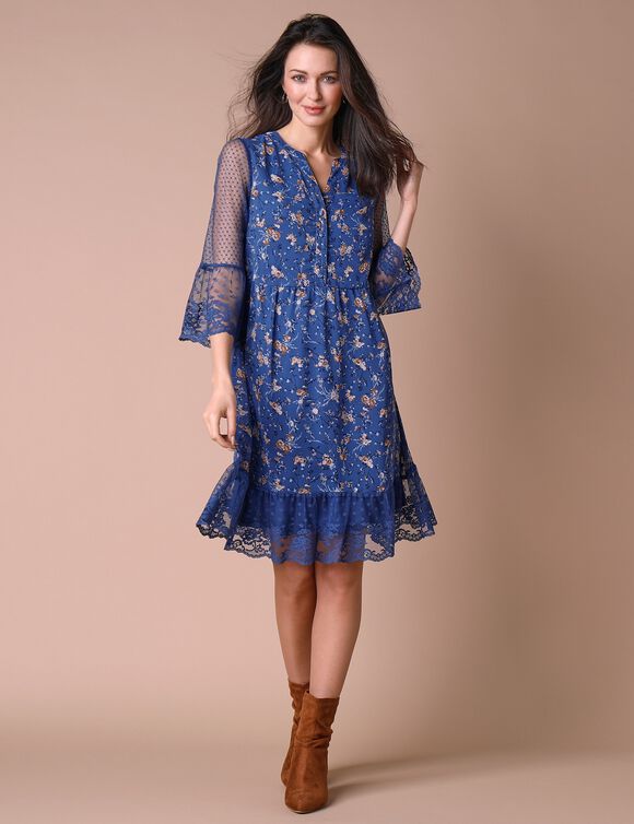 Robe dentelle manches 3/4 imprimée (bleu grisé)