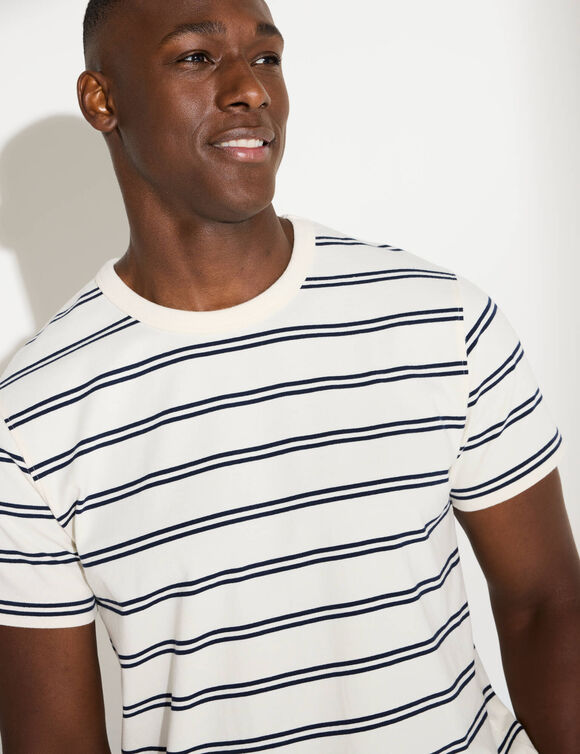 T-shirt ray&eacute; col rond manches courtes - coton biologique(**) (blanc cass&eacute; / marine)