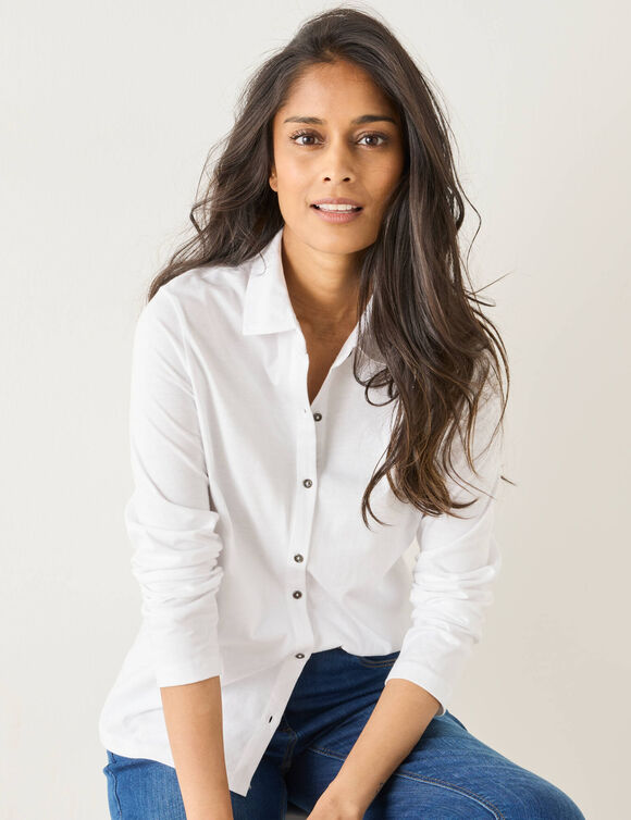 T-shirt boutonn&eacute; manches longues, col polo (blanc)