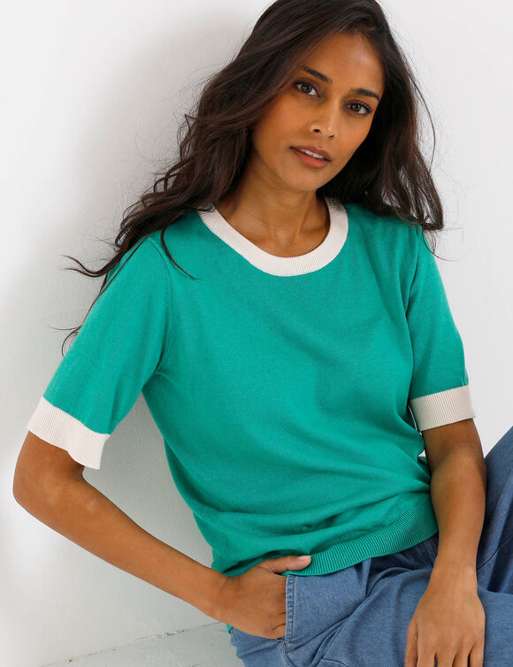 Pull bicolore col rond, manches courtes (groen / ecru)