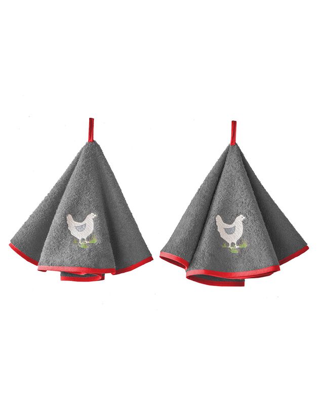 Torchons rond éponge brodée poule - lot de 2 (gris)