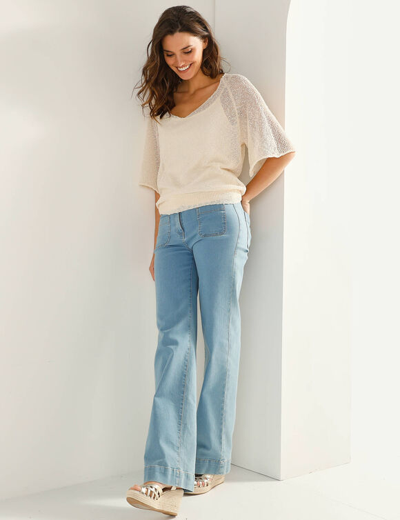 Pull loose manches coude, maille fantaisie (naturel)