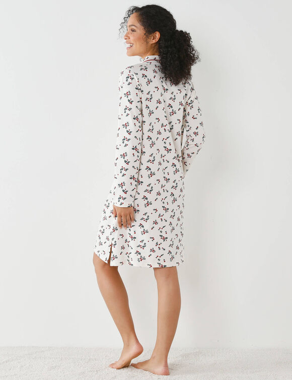 Nachthemd met reverskraag en hulstprint (ecru / kersenrood)