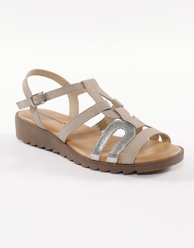 Sandales compensées cuir bi-matière (beige)