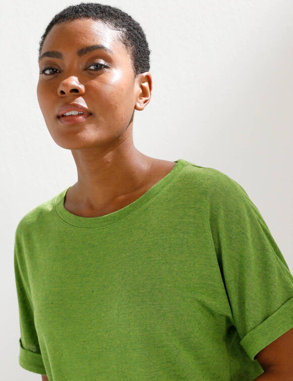 T-shirt col rond en lin m&eacute;lang&eacute;, manches courtes (vert)