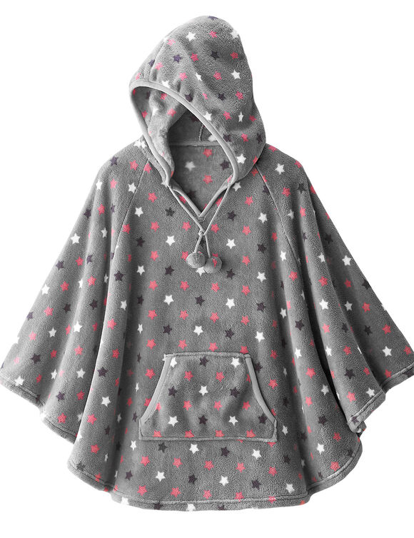 Poncho &agrave; capuche, maille polaire toucher peluche (gris / rose)