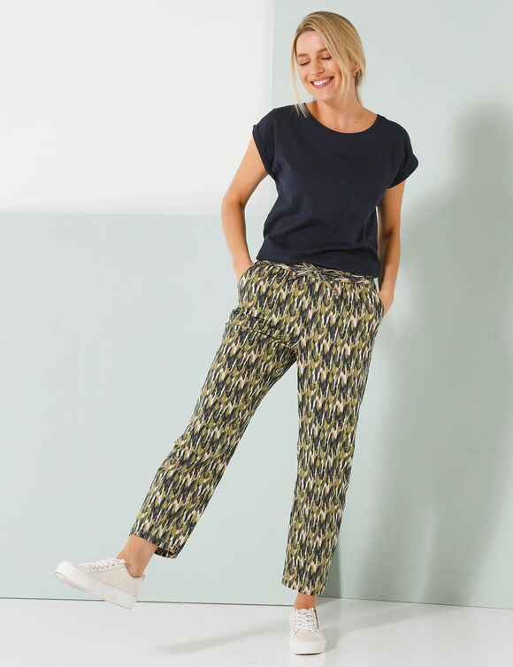 Pantalon mom 7/8ème imprimé, coton (beige / kaki)