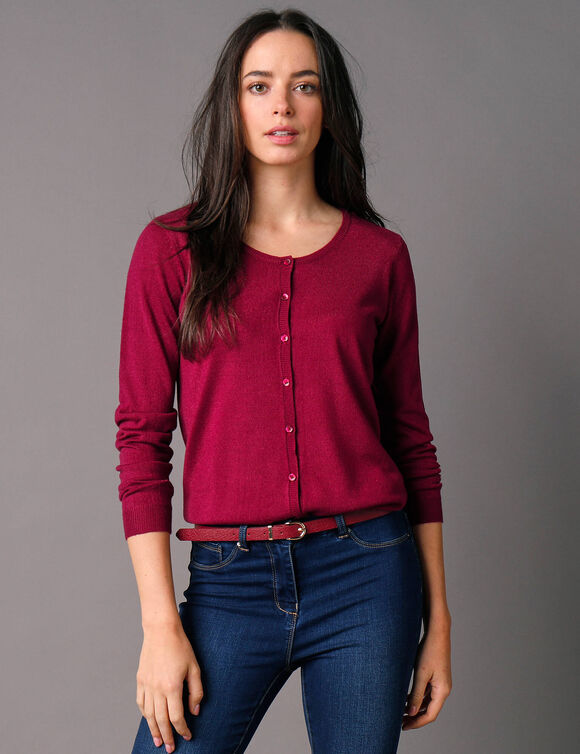 Cardigan boutonné col rond uni, toucher doux (prune)