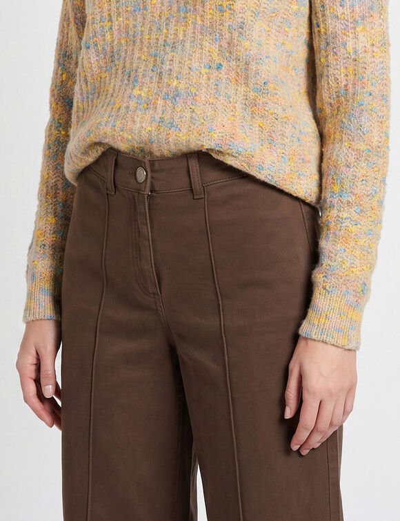 Pantalon large d&eacute;tails plis piqu&eacute;s, petite stature (chocolat)