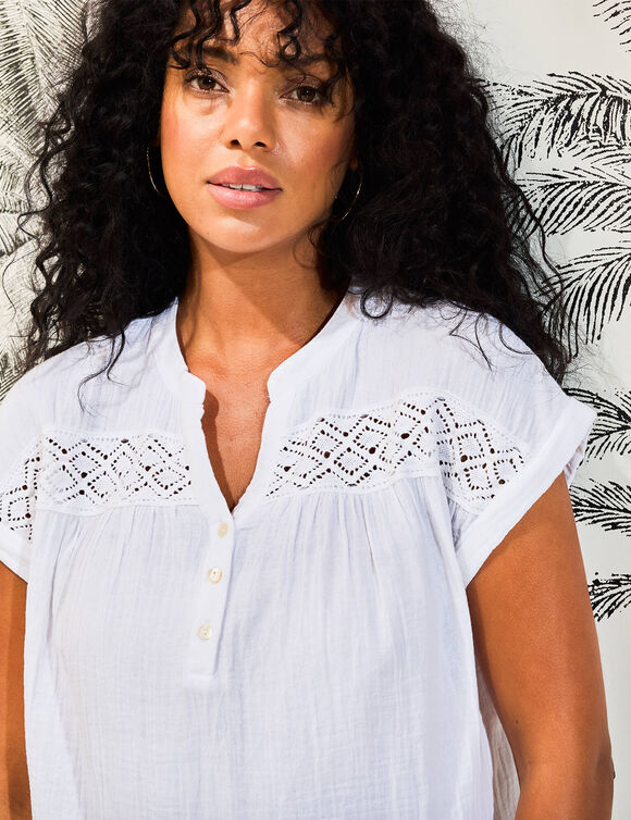 Blouse unie manches courtes, double gaze de coton (blanc)