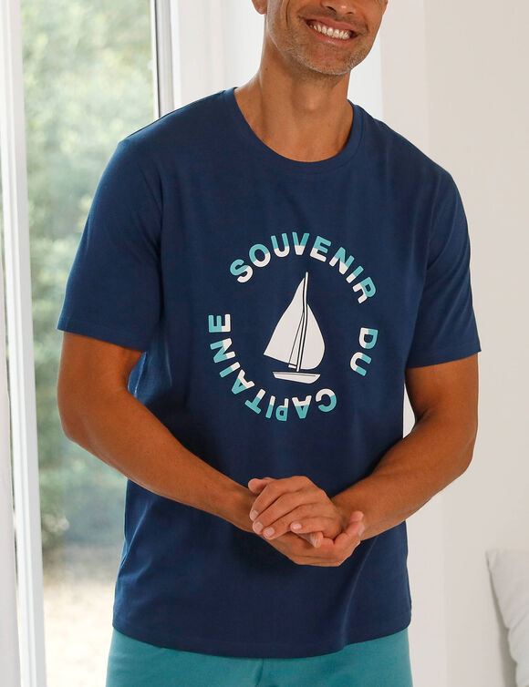 Pyjama-T-shirt met korte mouwen en bootmotief (marine / aqua)