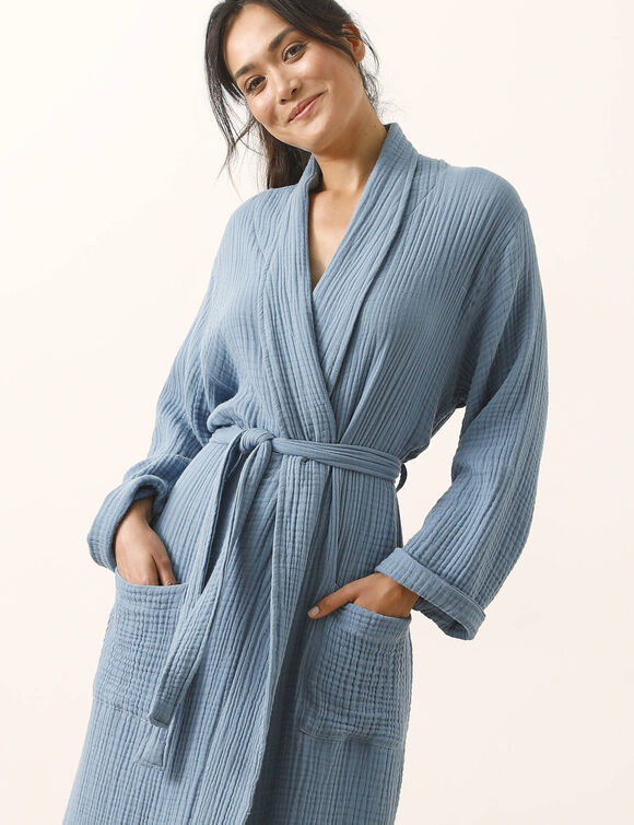 Peignoir uni en triple gaze de coton  (bleu)