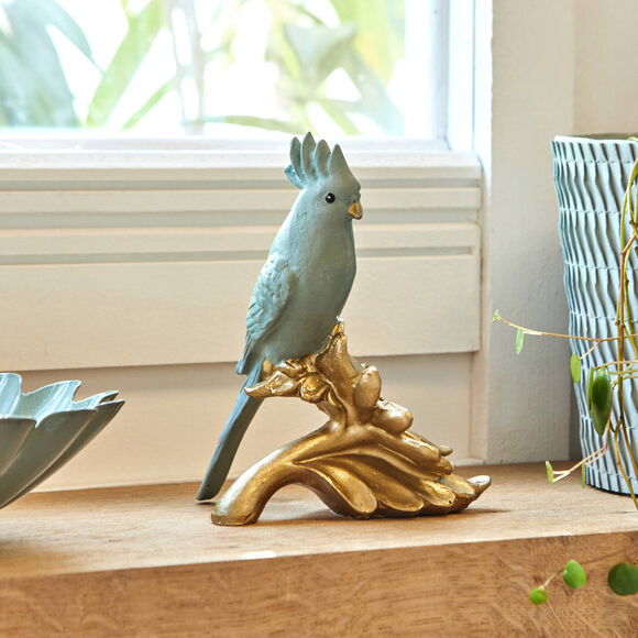 Statuette perroquet sur fleur dorée (gris/doré)