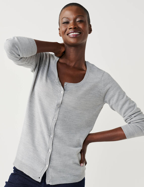 Cardigan boutonn&eacute; col rond uni, toucher doux (gris chin&eacute;)
