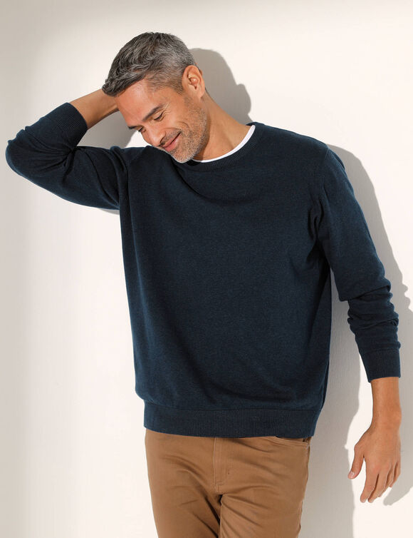 Trui in zuiver katoen, ronde hals en lange mouwen (chiné marine)