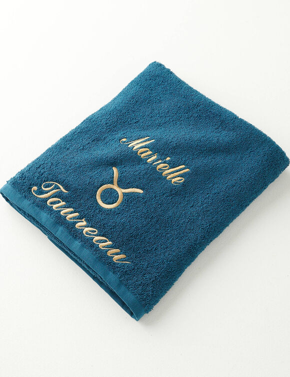 Serviettes de bain brodées Taureau personnalisable - 420g/m2 (bleu paon)